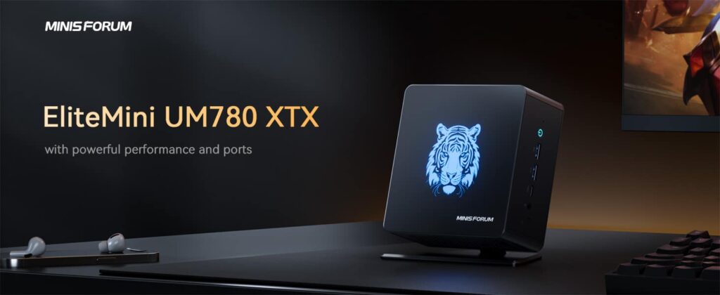Minisforum UM780XTX Mini PC showcasing a sleek black design, equipped with a powerful AMD Ryzen 9 processor. The device features multiple connectivity ports, including USB, HDMI, and Ethernet, emphasizing its high performance and versatile connectivity options. It is depicted on a modern desk setup, highlighting its compact size and suitability for a powerful, space-saving computing solution.