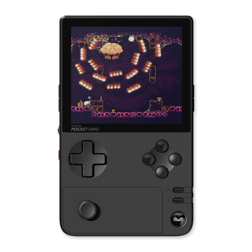 Vista frontal del AYANEO Pocket DMG en Negro Ártico, mostrando su diseño de inspiración retro con pantalla OLED de 3,92 pulgadas, D-pad, joystick analógico y botones.