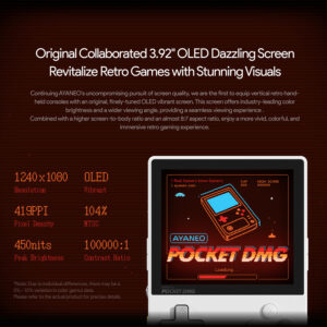 Marketing image for AYANEO Pocket DMG showcasing its 3.92" OLED screen with 1240x1080 resolution, 419 PPI, 450 nits peak brightness, and 100000:1 contrast ratio. The image includes a retro-style graphic of the device and highlights its ability to revitalize retro games with stunning visuals.