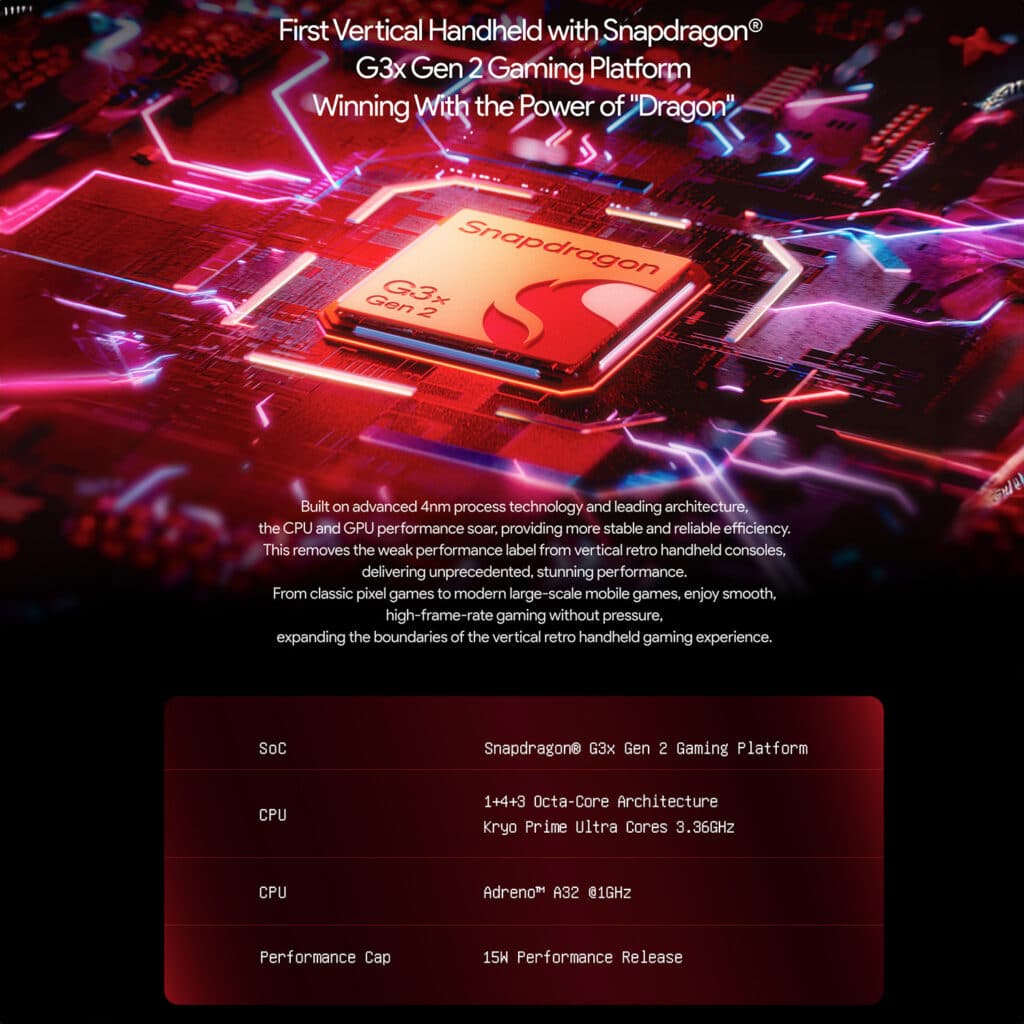 Imagen promocional de AYANEO Pocket DMG con la plataforma de juegos Snapdragon G3x Gen 2. Destaca ser el primer dispositivo portátil vertical con este procesador, mostrando su arquitectura de 1+4+3 octa núcleos con núcleos Kryo Prime Ultra a 3,36GHz, GPU Adreno A32 a 816Hz y liberación de rendimiento de 15W. 