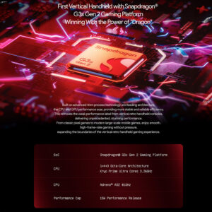 Promotional image for AYANEO Pocket DMG featuring the Snapdragon G3x Gen 2 Gaming Platform. It emphasizes being the first vertical handheld with this processor, showcasing its 1+4+3 Octa-Core Architecture with Kryo Prime Ultra Cores at 3.36GHz, Adreno A32 GPU at 816Hz, and 15W performance release.