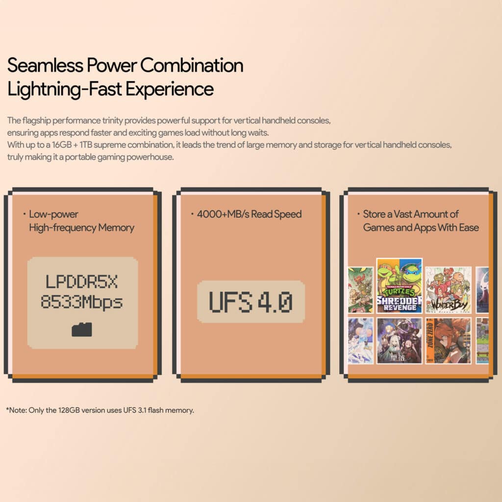 Infografica che illustra la "combinazione di potenza senza soluzione di continuità" di AYANEO Pocket DMG, evidenziando la memoria ad alta velocità (LPDDR5X a 8533Mbps), l'archiviazione veloce (UFS 4.0 con velocità di lettura di oltre 4000 MB/s) e l'ampia capacità di archiviazione di giochi e applicazioni. Si parla di 16 GB di RAM e 1 TB di spazio di archiviazione. 