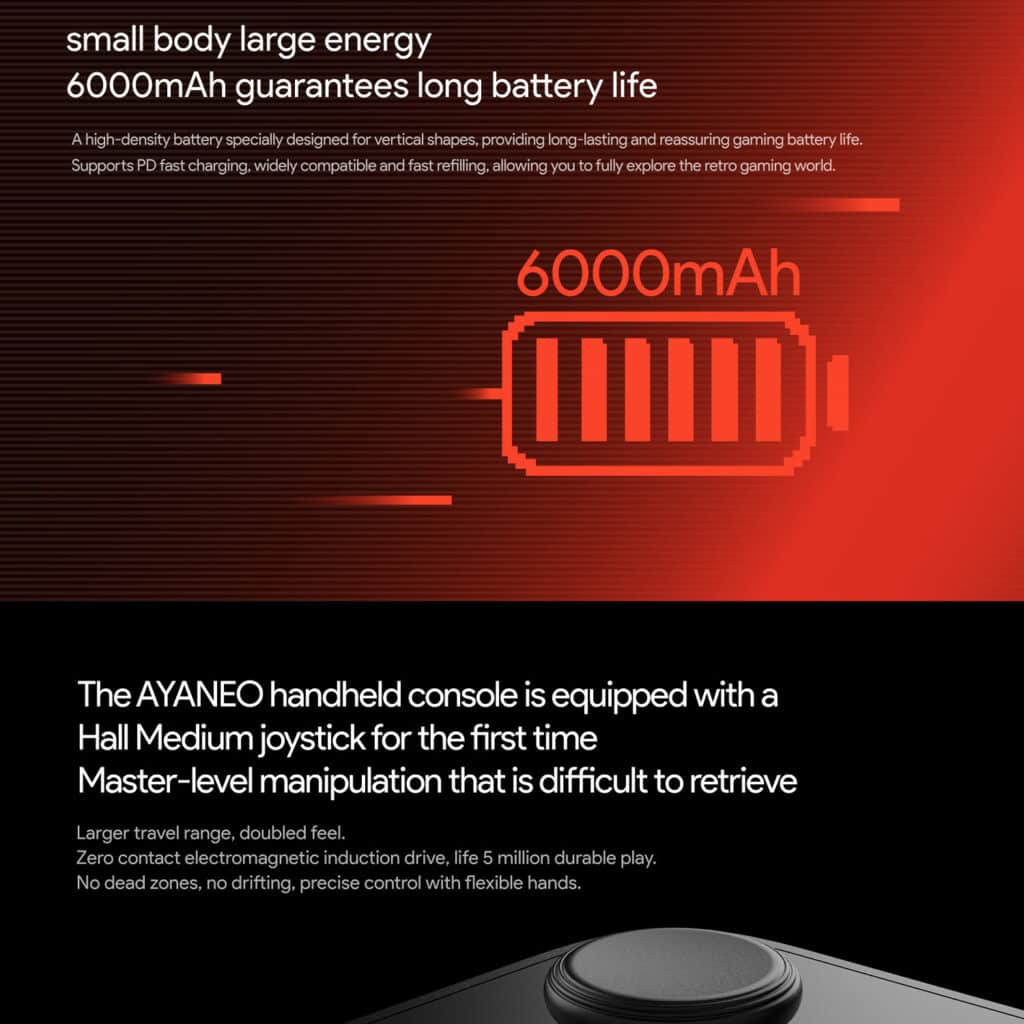 Immagine di marketing che mostra la batteria da 6000mAh di AYANEO Pocket DMG, sottolineando la lunga durata della batteria e il supporto alla ricarica rapida PD. La parte inferiore presenta il joystick Hall Medium, evidenziandone la precisione, la durata (5 milioni di utilizzi) e le funzioni di controllo avanzate. 