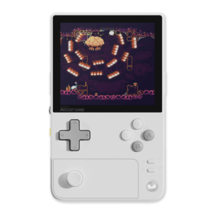 Vooraanzicht van de AYANEO Pocket DMG in Moon White, met de nadruk op de verticale handheld lay-out met een levendig 3,92-inch OLED-scherm, bedieningsknoppen en analoge joystick.