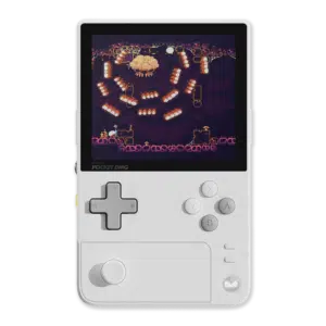 Front view of the AYANEO Pocket DMG in Moon White highlighting its vertical handheld layout with a vibrant 392 inch OLED screen control buttons and analog joystick