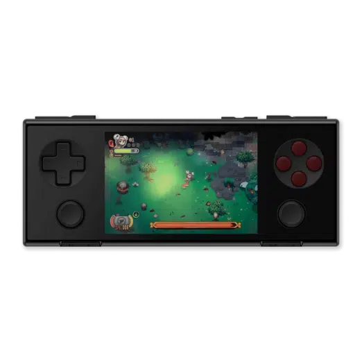 Front view of the AYANEO Pocket Micro in black, showing a 3.5-inch screen displaying a colorful top-down adventure game. The device features a D-pad on the left, ABXY buttons on the right, and two circular buttons below, showcasing its retro-inspired design.