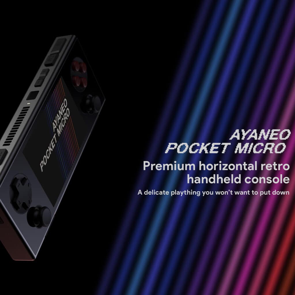 Side view of the AYANEO Pocket Micro in black, showcasing its slim profile with buttons and vents visible. The screen displays colorful lines. Text on the right reads "AYANEO POCKET MICRO: Premium horizontal retro handheld console. A delicate plaything you won't want to put down."