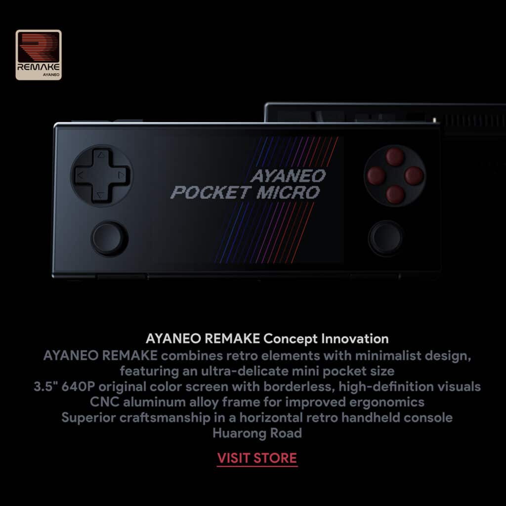 Close-up of the AYANEO Pocket Micro in black, showing the D-pad, action buttons, and screen with colorful lines. Text at the bottom describes AYANEO REMAKE Concept Innovation, highlighting features like the 3.5" 640P screen, CNC aluminum alloy frame, and superior craftsmanship. A "REMAKE" logo is visible in the top left corner.