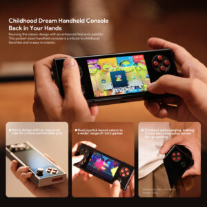 Three images of the AYANEO Pocket Micro being held, showcasing its compact size and retro-inspired design. Text describes it as a "Childhood Dream Handheld Console" with features like improved grip, dual joystick layout, and on-the-go gaming capabilities. Device dimensions are listed as 156 x 63 x 18mm, weighing 233g.