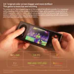 A person holding the AYANEO Pocket Micro displaying a vibrant retro style game on its 35 screen Text describes the screens features including 960x640 resolution 330 PPI and 32 aspect ratio A table below lists additional screen specifications