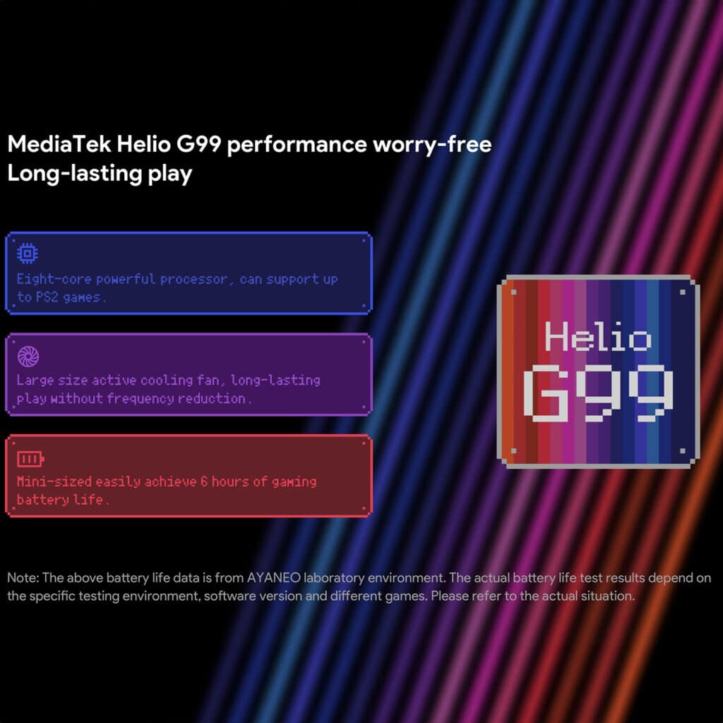 Eine Grafik, die den MediaTek Helio G99 Prozessor im AYANEO Pocket Micro vorstellt. In Textboxen werden der Achtkern-Prozessor, der PS2-Spiele ausführen kann, die aktive Kühlung für lange Spielesessions und die Akkulaufzeit von bis zu 6 Stunden hervorgehoben. Das Helio G99-Logo ist vor einem farbenfrohen Hintergrund gut sichtbar.  