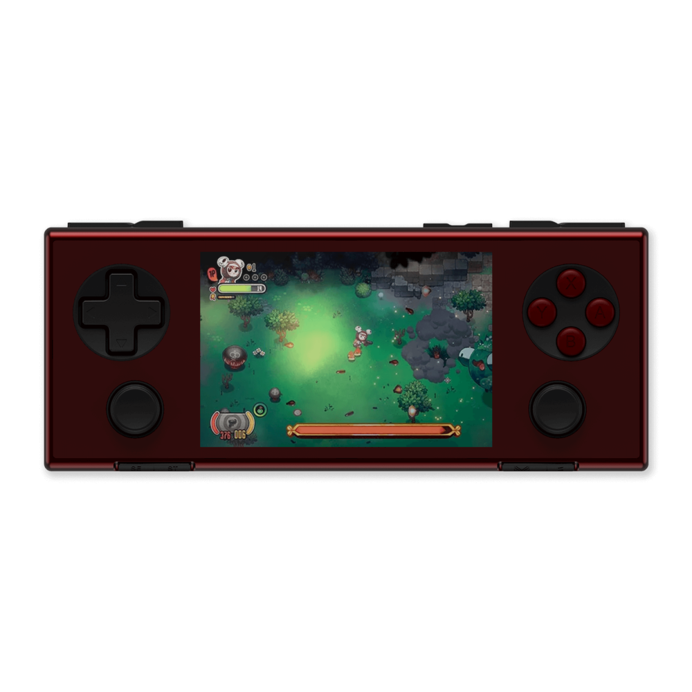 Front view of the AYANEO Pocket Micro in red (described as "Soul Red"), displaying the same game as the black version. This image highlights the device's color variety while maintaining identical button layout and screen display.