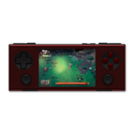 Front view of the AYANEO Pocket Micro in red (described as "Soul Red"), displaying the same game as the black version. This image highlights the device's color variety while maintaining identical button layout and screen display.