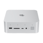 Front view of Beelink GTi14 Ultra mini PC. Silver square device with rounded edges. Visible ports include USB, SD card slot, USB-C, and audio jack. Beelink logo on top. Power button with LED indicator on the right side.