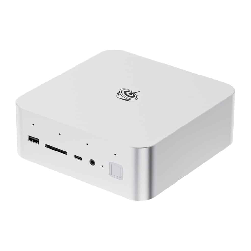 Beelink GTi14 Ultra mini PC in silver. Compact square device with rounded edges. Front view shows USB, card reader, and audio ports. Side view displays the Beelink logo on top. Dimensions: 158 x 158 x 55.8mm.