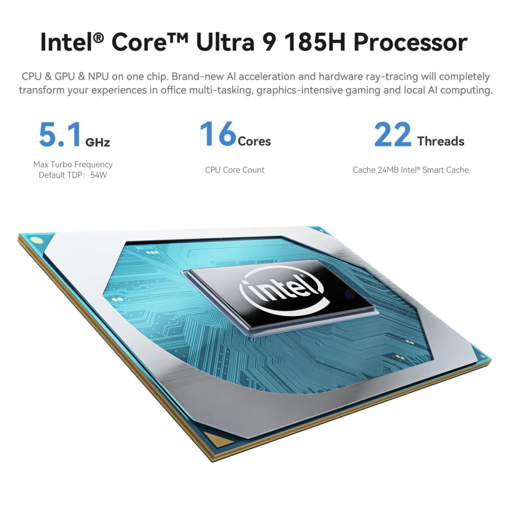 Infographic over Intel Core Ultra 9 185H processor. Voorzien van 5,1 GHz max turbofrequentie, 16 kernen en 22 threads. Afbeelding van de processorchip met Intel-logo. Tekst benadrukt CPU, GPU en NPU op één chip voor AI-versnelling en hardware ray-tracing.