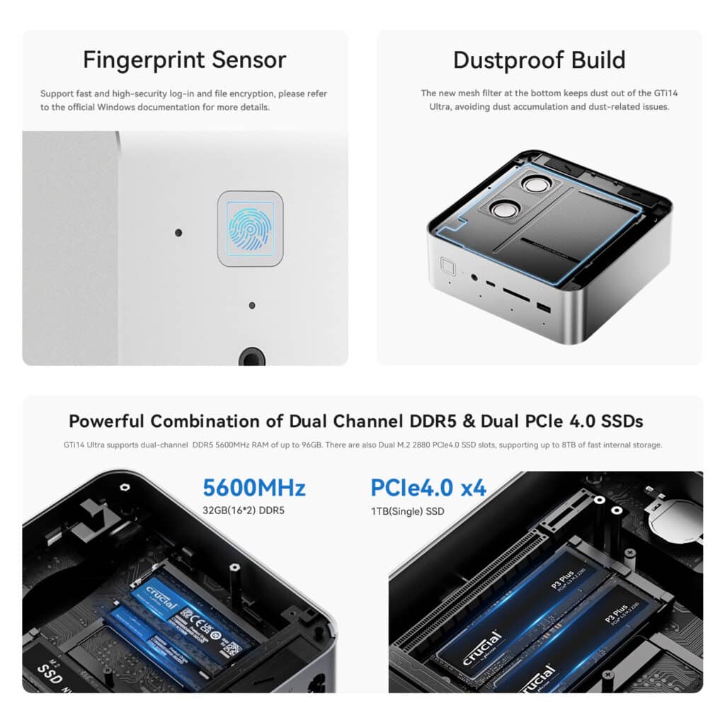 Dual image showcasing Fingerprint Sensor and Dustproof Build of GTi14 Ultra. Left: Close-up of fingerprint sensor. Right: Cutaway view of device showing mesh filter at bottom. Text describes fast, secure login and dust prevention features.