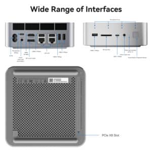 Wide Range of Interfaces diagram for Beelink GTi14 Ultra. Front and rear views show labeled ports including Thunderbolt 4, HDMI, USB, LAN, audio jack, SD card slot, and fingerprint sensor. Bottom view highlights PCIe X8 Slot for expandability