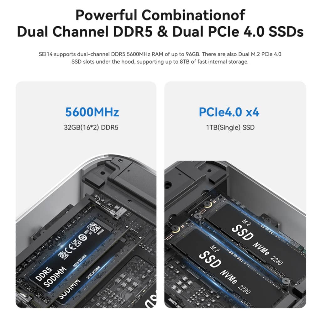 Potente combinación de DDR5 de doble canal y SSD PCIe 4.0 duales. Admite RAM de doble canal DDR5 a 5600 MHz de hasta 96 GB, y ranuras dobles M.2 PCIe 4.0 SSD que admiten hasta 8 TB de almacenamiento interno rápido.