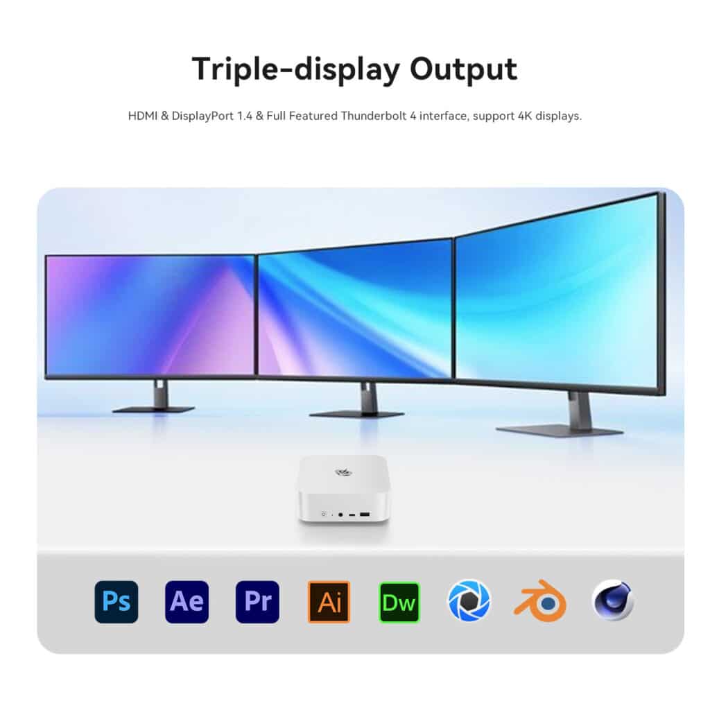 Triple-display Output with HDMI 2.1, DisplayPort 1.4, and Thunderbolt 4 interfaces. Supports 4K displays, enhancing productivity and providing an immersive visual experience. Ideal for applications such as Photoshop, After Effects, Premiere, Illustrator, Dreamweaver, and more.