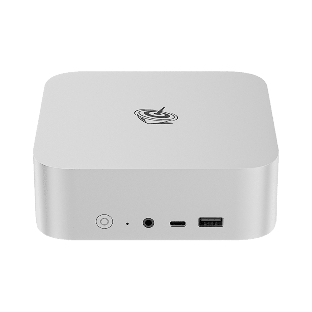 The Beelink SER8 mini PC in silver is a compact, square device with rounded corners. The front panel features a power button, USB ports, and an audio jack. The side view highlights its sleek metal casing. The logo is prominently displayed on the top surface. The product measures approximately 135mm x 135mm x 50mm.