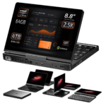 Front view of the GPD Pocket 4 highlighting its 88 inch 25K touchscreen display powered by AMD Ryzen AI 9 HX with 64GB RAM and 4TB NVMe SSD Displays modular design with multiple configurations combining portability and high performance for professional tasks