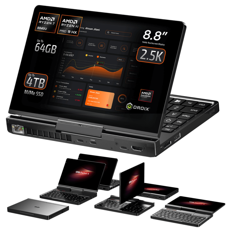 Front view of the GPD Pocket 4 highlighting its 8.8-inch 2.5K touchscreen display. Powered by AMD Ryzen 7 8840U or AMD Ryzen AI Pro 9 HX, with options for up to 64GB RAM and up to 4TB NVMe SSD. Showcases modular design and multiple configurations for productivity and portability.