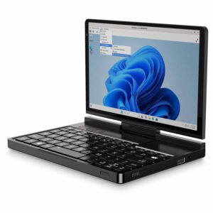 The GPD Pocket 4 mini laptop with its screen open, displaying the Windows 11 interface, highlighting its compact keyboard and modern design.