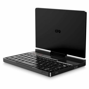 A side view of the GPD Pocket 4 mini laptop, showing its sleek black design with the screen partially open and the GPD logo on the back.