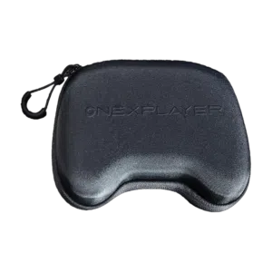 A sleek black gaming controller case is depicted with its lid open, showcasing a dark gray ONEXPLAYER controller nestled inside. The controller boasts glowing analog sticks, a directional pad, and an array of buttons. The case features a zippered closure and a padded interior for enhanced protection.