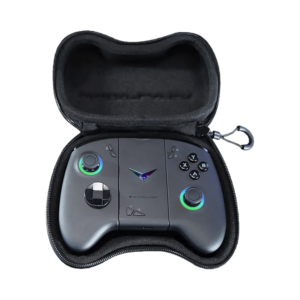 A black protective case for a gaming controller is shown open, revealing a dark gray ONEXPLAYER controller inside. The controller features illuminated analog sticks, a d-pad, and various buttons. The case has a zipper closure and appears padded for protection.