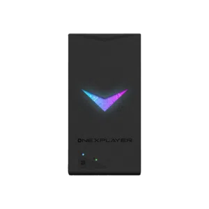 The front panel of an ONEXPLAYER handheld gaming device. It features a black rectangular design with a glowing V-shaped logo in blue and purple. The ONEXPLAYER branding is visible below the logo, along with two small indicator lights.