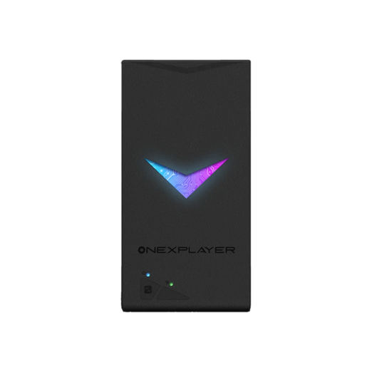 The front panel of an ONEXPLAYER handheld gaming device It features a black rectangular design with a glowing V shaped logo in blue and purple The ONEXPLAYER branding is visible below the logo along with two small indicator lights