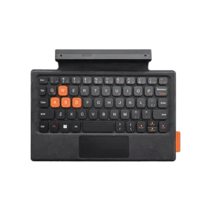 A detachable keyboard for the ONEXPLAYER device. It has a compact layout with black keys and orange highlights on certain keys like WASD. The keyboard includes a small touchpad and connects to the device via a connector at the top.
