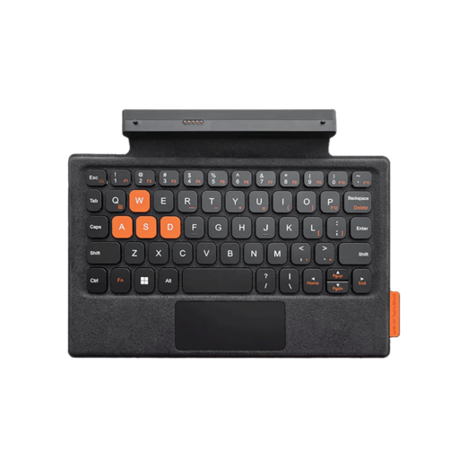 A detachable keyboard for the ONEXPLAYER device It has a compact layout with black keys and orange highlights on certain keys like WASD The keyboard includes a small touchpad and connects to the device via a connector at the top