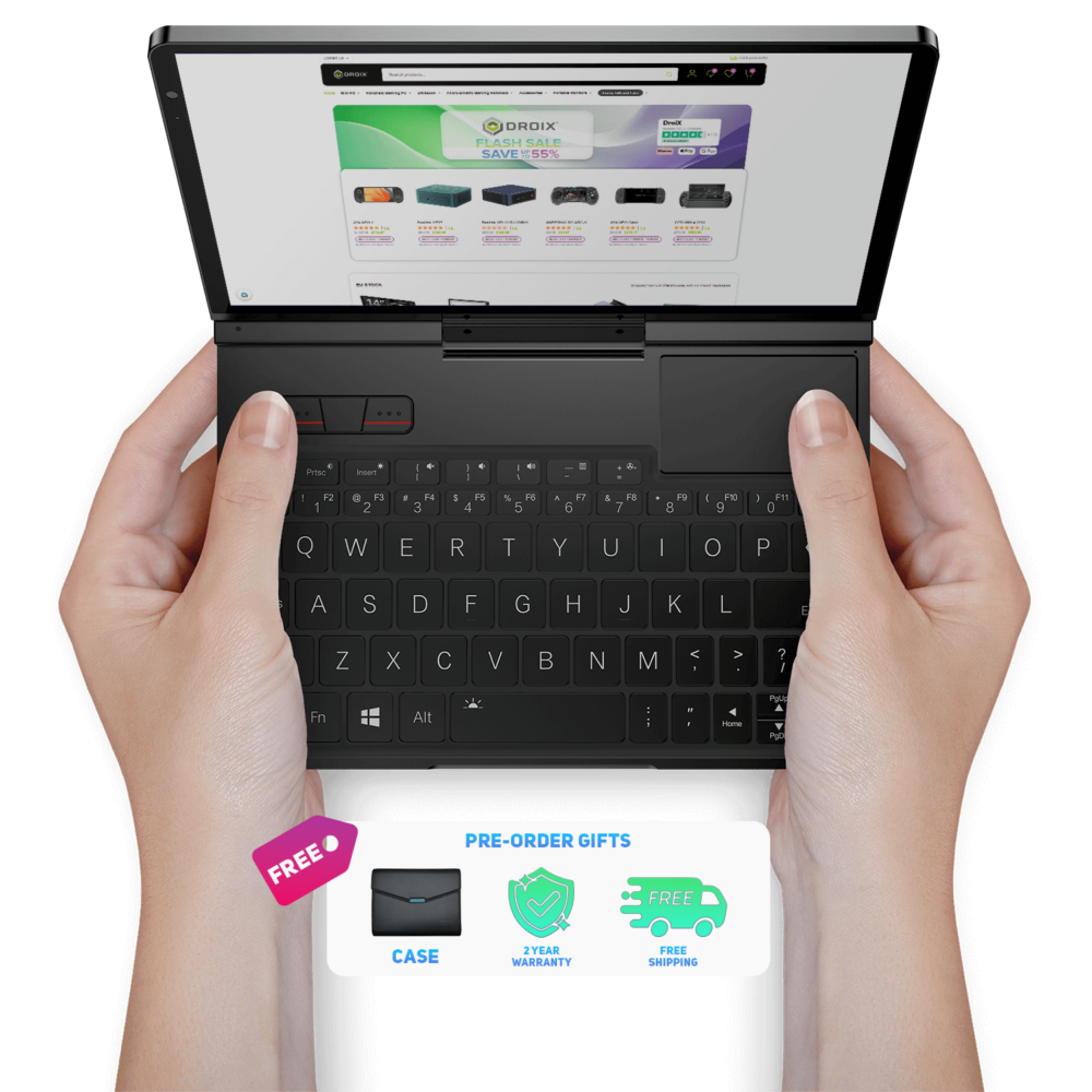 A person is holding a compact GPD Pocket 4 device with both hands. The device features a full QWERTY keyboard, a small touchpad, and a screen displaying a web page with the DroiX logo and product categories. Below the device, a promotional banner highlights "Pre-order gifts" including a free case, 2-year warranty, and free shipping.