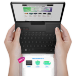 A person is holding a compact GPD Pocket 4 device with both hands. The device features a full QWERTY keyboard, a small touchpad, and a screen displaying a web page with the DroiX logo and product categories. Below the device, a promotional banner highlights "Pre-order gifts" including a free case, 2-year warranty, and free shipping.