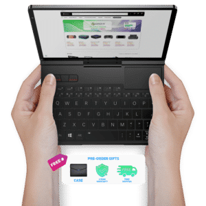 A person is holding a compact GPD Pocket 4 device with both hands. The device features a full QWERTY keyboard, a small touchpad, and a screen displaying a web page with the DroiX logo and product categories. Below the device, a promotional banner highlights "Pre-order gifts" including a free case, 2-year warranty, and free shipping.