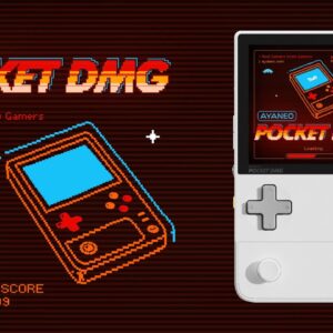 Marketing image for AYANEO Pocket DMG featuring a retro-style pixelated graphic of the device alongside a realistic render. The pixelated side shows "1UP 999" and "HIGH SCORE 999999," while the realistic side displays the white handheld with its screen, D-pad, and buttons. The AYANEO Pocket DMG logo appears in a retro-inspired font with the tagline "Real Gamers know Gamers.