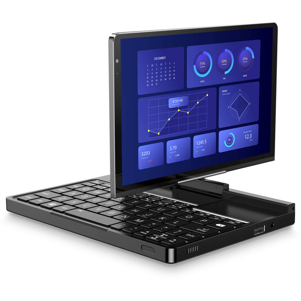 The GPD Pocket 4 mini laptop with its screen displaying data analytics and charts, showcasing its high-resolution display and productivity features.