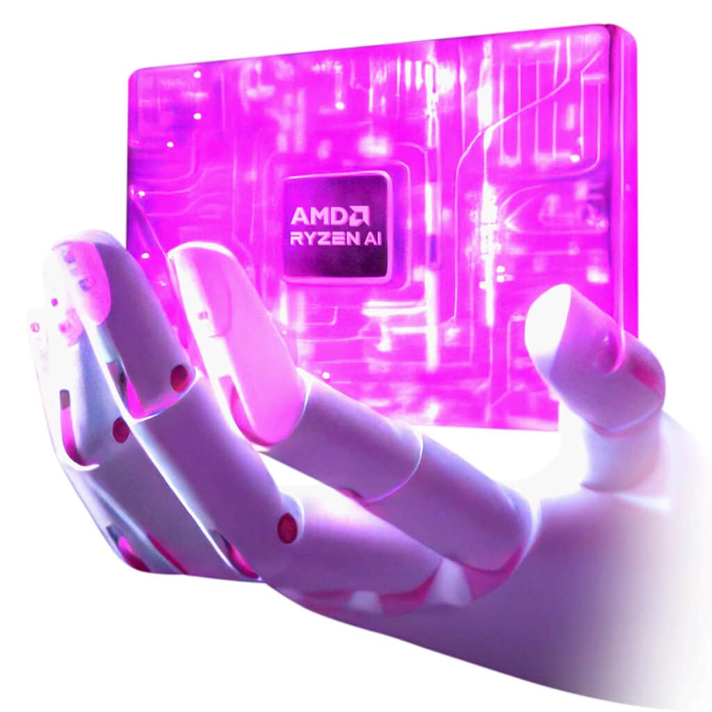 A robotic hand holding a glowing AMD Ryzen AI chip, illustrating the advanced AI processing power of the GPD Pocket 4.