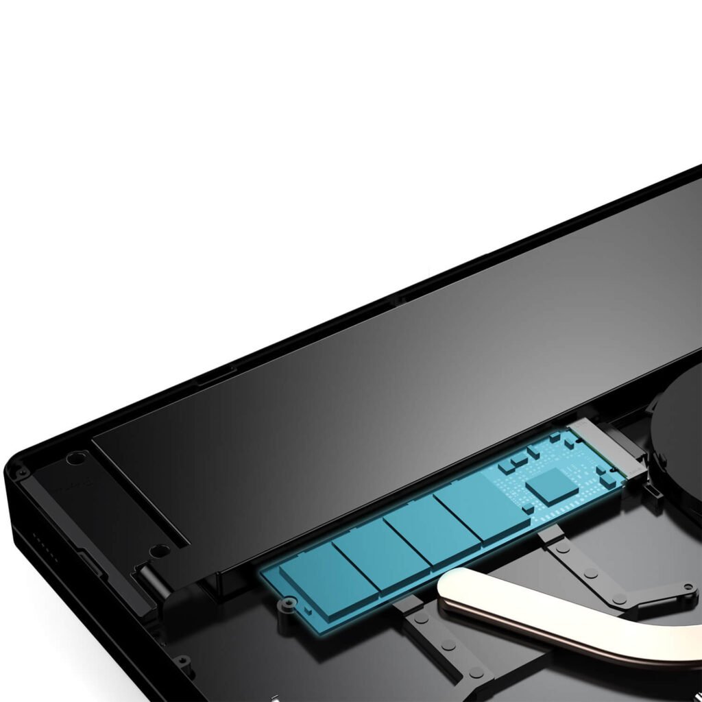 Close-up of the GPD Pocket 4's internal components, featuring the storage and cooling system, emphasizing its advanced hardware design.