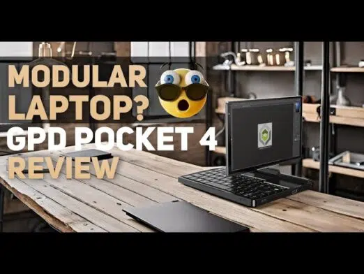 pOyK4L1KJCQ-SD Image featuring a modular laptop, the GPD Pocket 4, on a modern wooden desk in an industrial-style workspace. Text overlay reads 'Modular Laptop? GPD Pocket 4 Review' with an expressive emoji depicting surprise, highlighting the device's unique modular design.