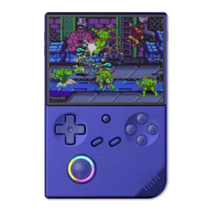 Front view of the Anbernic RG40XXV handheld gaming console in indigo blue. The console features a large screen displaying a retro-style game, a D-pad, four action buttons (A, B, X, Y), two additional function buttons, and an RGB joystick in the lower-left corner.