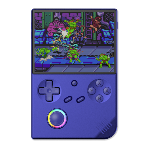 Front view of the Anbernic RG40XXV handheld gaming console in indigo blue The console features a large screen displaying a retro style game a D pad four action buttons A B X Y two additional function buttons and an RGB joystick in the lower left corner