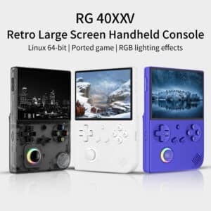 Anbernic RG 40XXV : Console de jeu élégante et ergonomique disponible en bleu indigo, blanc et noir transparent. Dimensions compactes de 13,9 cm x 9,2 cm x 2,2 cm et poids léger de 216 g pour un confort et une portabilité accrus lors des sessions de jeu prolongées.