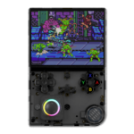 Front view of the Anbernic RG40XXV handheld gaming console in transparent black The console features a large screen displaying a retro style game a D pad four action buttons A B X Y two additional function buttons and an RGB joystick in the lower left corner