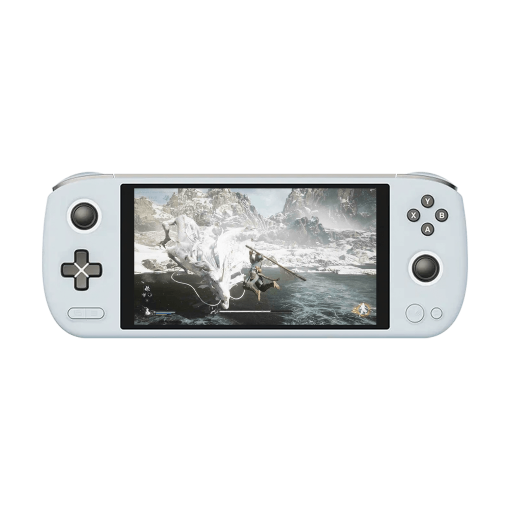 A white AYANEO AIR Plus handheld gaming console featuring a 6-inch screen displaying a fantasy action game with a player character battling a large white dragon in a snowy mountain environment. The console has a classic game controller layout with a directional pad on the left, action buttons (X, Y, A, B) on the right, and a joystick on each side. The device's ergonomic design is sleek and modern.