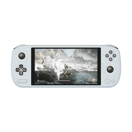 A white AYANEO AIR Plus handheld gaming console featuring a 6 inch screen displaying a fantasy action game with a player character battling a large white dragon in a snowy mountain environment The console has a classic game controller layout with a directional pad on the left action buttons X Y A B on the right and a joystick on each side The devices ergonomic design is sleek and modern