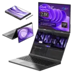 Image of the GPD Duo laptop showcasing its 3-in-1 design, featuring a dual 13.3-inch touchscreen display with 2.8K resolution. The laptop is displayed in different modes: tablet mode, tent mode, and dual-screen laptop mode. The secondary screen supports video input via USB-C. The specifications include an AMD Ryzen AI 9 processor, 32GB LPDDR5x RAM, and 1TB PCIe 4.0 NVMe SSD storage.